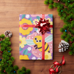Papel De Presente Abehas de Desenho Animado Adoráveis e Flores