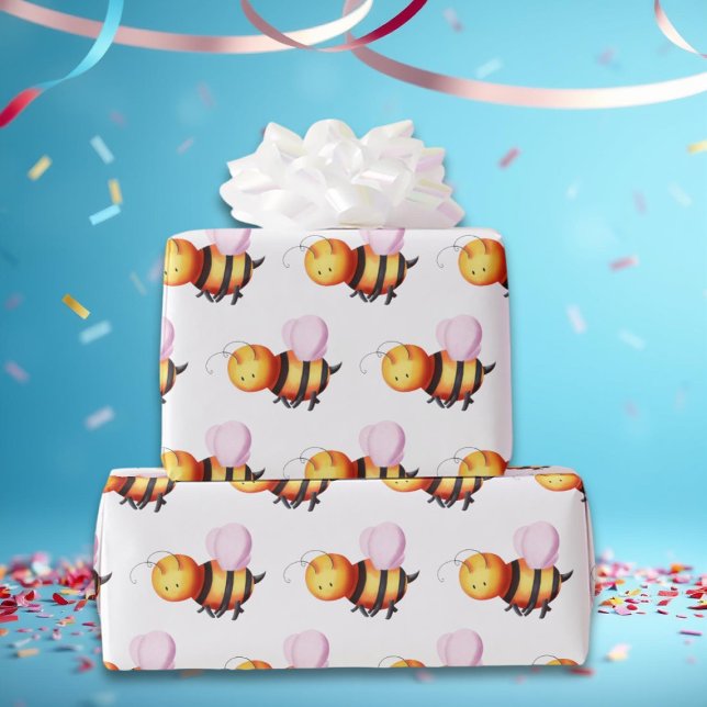 Papel De Presente Abeja Bumble Bee Fofa com Asas Rosa Embrulho Padro (Criador carregado)