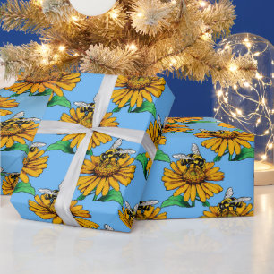 Papel De Presente Abeja no Design de Padrão de Flor de Girassol Azul