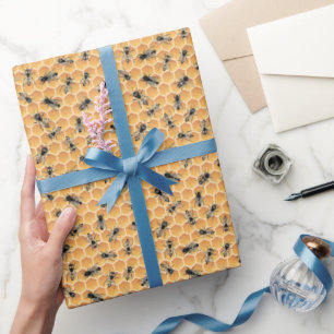 Papel De Presente Abejas Doradas Ocupadas y Panal