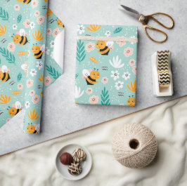 Papel De Presente Abejas Flores Hojas 