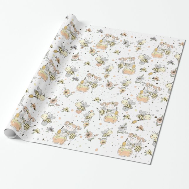 Papel De Presente Abejas Melíferas, Hadas y Bebés Abejas en Patrón C (Desenrolado)