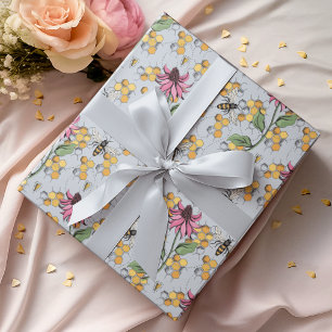 Papel De Presente Abelha-Rainha-Floral Azul Elegante, Pão-de-mel e F