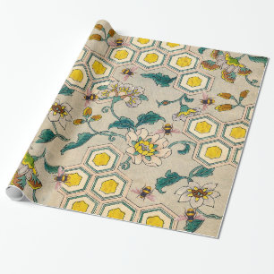 PAPEL DE PRESENTE ABELHAS DE MEL, CERVEJAS, FLORES DE PRIMAVERA
