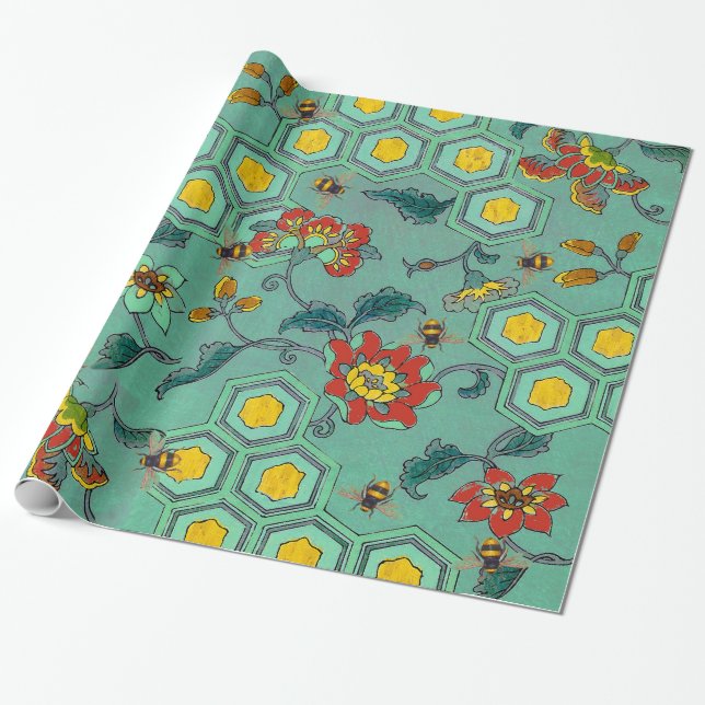 PAPEL DE PRESENTE ABELHAS DE MEL, CERVEJAS, FLORES DE PRIMAVERA DE C (Desenrolado)