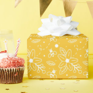 Papel De Presente Abelhas e Flores Aniversário Amarelo