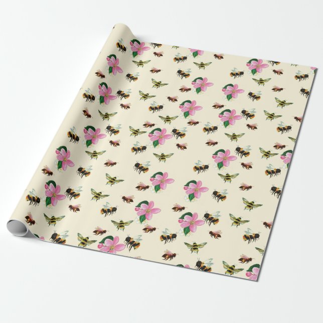 Papel De Presente Abelhas e mamangabas e flores de fruta (Desenrolado)