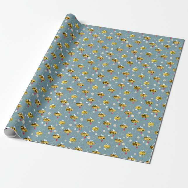 Papel De Presente Abelhas Polinizantes, Cena de Jardim Flor. (Desenrolado)