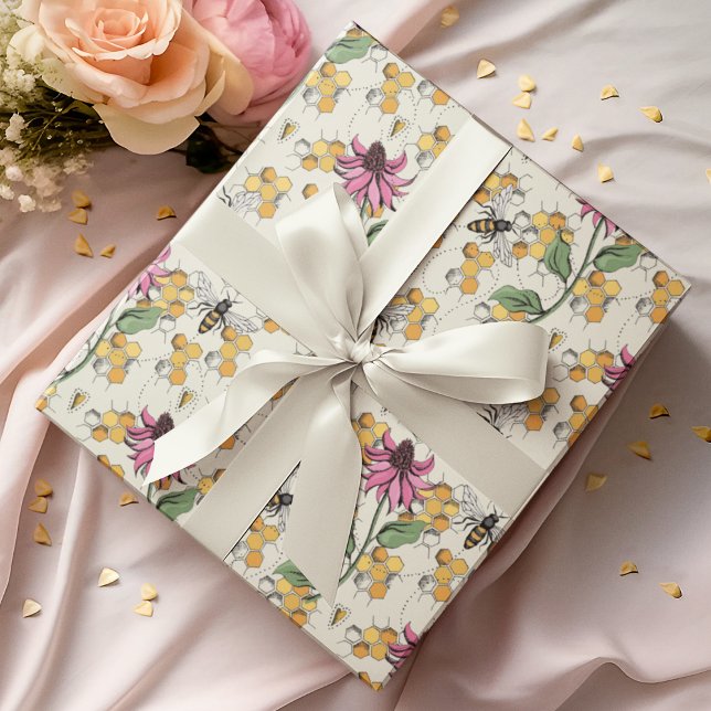 Papel De Presente Abelhas Rainhas Encantadas, Pentes de mel e Flores (Elegant Hand-Drawn Buzzing Queen Bee, Honeycomb & Pink Exotic Flower Gift Wrap for Nature Lovers.)
