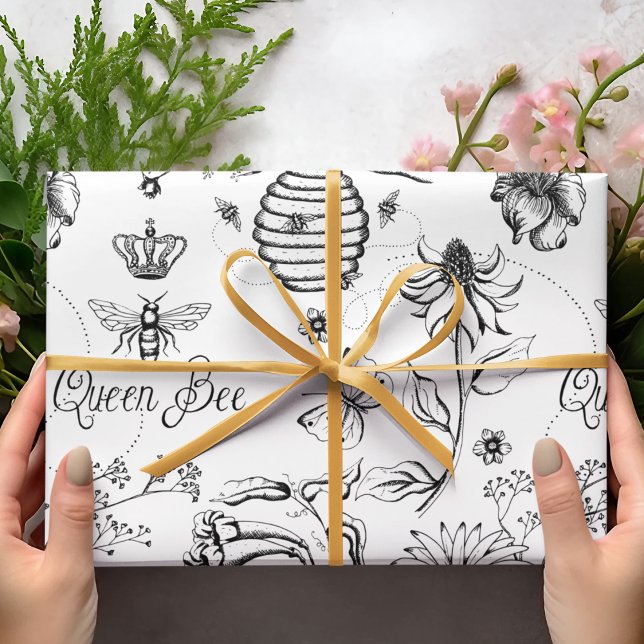 Papel De Presente Abelhas Rainhas Negras e Flores (Black & White Queen Bee, crown, typography, bee hive and flowers with whimsical bee flight swirls!)