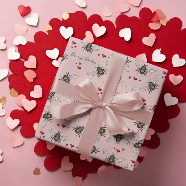 Papel De Presente Abelhas Rosa Esbranquiçadas Mina/Sejam Minhas Abel (Adorable & Trendy Honeybee Valentine's Day Wrapping Paper in Blush Pink. "Bee Mine/Bee My Valentine")