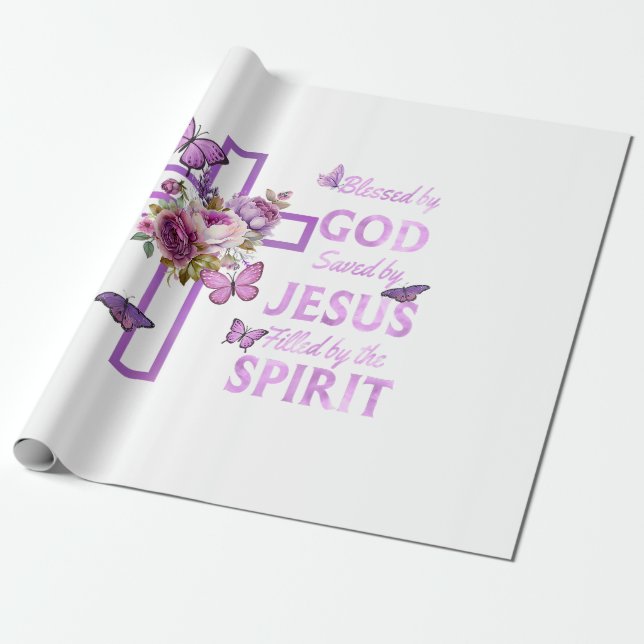 Papel De Presente Abençoado por Deus Salvo pela Cruz Floral Purple d (Desenrolado)