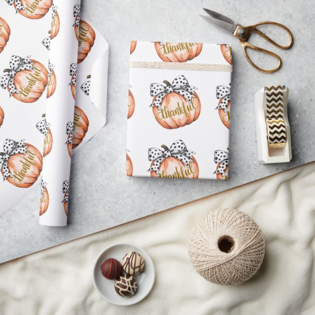 Papel De Presente Abóbora Agradecida com Laço de Bolinhas  (Artesanato)
