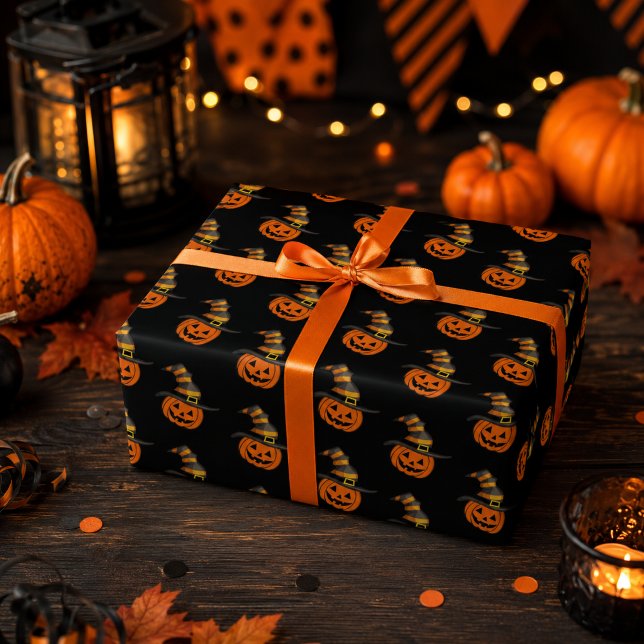 Papel De Presente Abóbora Assustadora Cute Chapéu de Bruxa Halloween (Criador carregado)