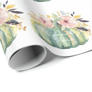 Papel De Presente Abóbora azul queda floral aquarela outono elegant