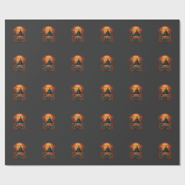Papel De Presente Abóbora de Halloween Casa Assombrada Lua Cheia Mor (Aberto)