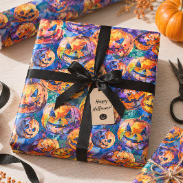 Papel De Presente Abóbora de Halloween em Aquarela Colorida