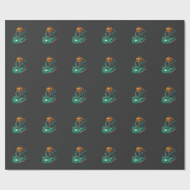 Papel De Presente Abóbora de Halloween Esqueleto Jogando Bilhar (Aberto)