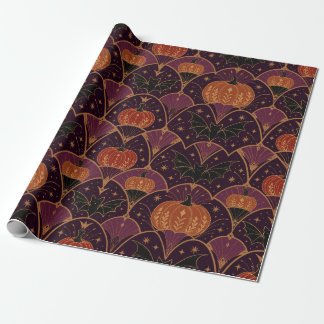 Papel De Presente Abóbora de Halloween Gótica e Damasko de Morcego