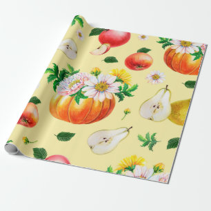 Papel De Presente Abóbora de laranja, crisântemo, peras, maçãs v