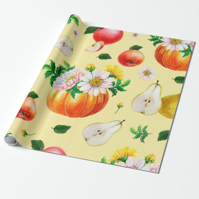 Papel De Presente Abóbora de laranja, crisântemo, peras, maçãs verme (Desenrolado)