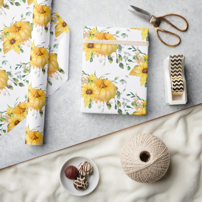 Papel De Presente Abóbora de outono, girassóis e folhagens  (Artesanato)