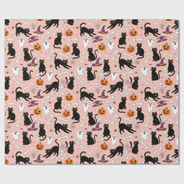 Papel De Presente Abóbora Fantasma de Gato Preto Fofo Rosa Halloween