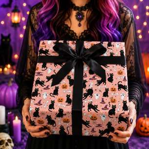 Papel De Presente Abóbora Fantasma de Gato Preto Fofo Rosa Halloween