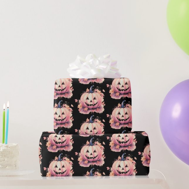 Papel De Presente Abóbora Laranja Folhas Pretas Halloween (Presentes para festas)
