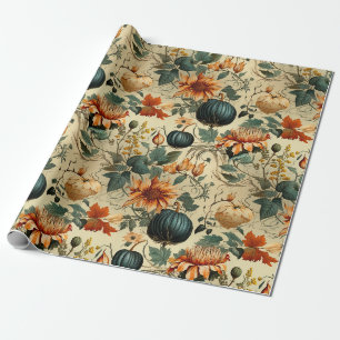 Papel De Presente Abóbora Outonal Floral Vintage Azul Temperamental