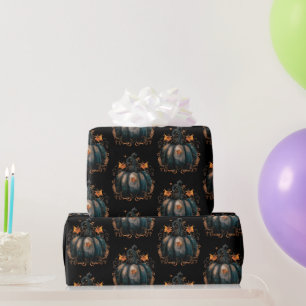Papel De Presente Abóbora Preta e Dourada Folhas Padrão Halloween