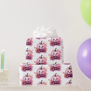 Papel De Presente Abóbora Rosa Folhas Laranjas Brancas Halloween