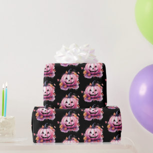 Papel De Presente Abóbora Rosa Folhas Laranjas Halloween Preto