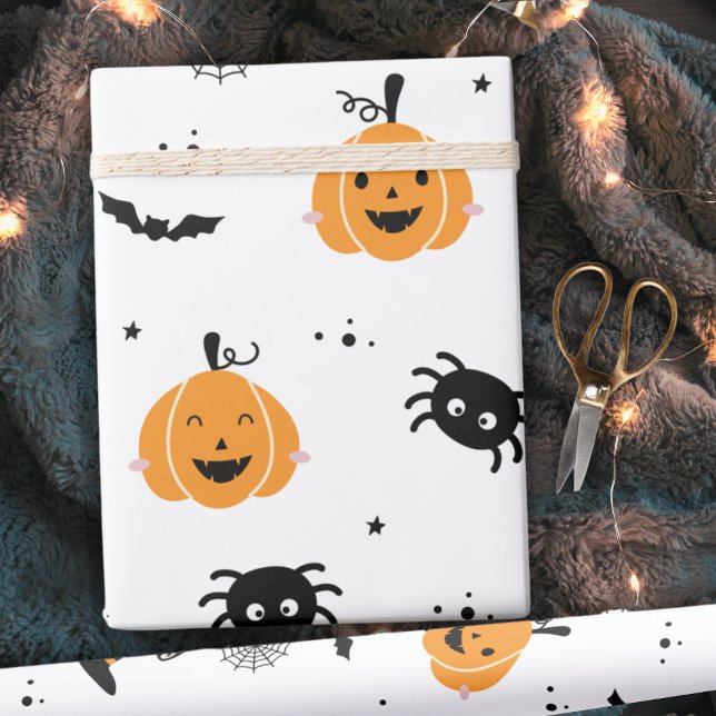 Papel De Presente Abóboras Cuecas, Aranhas E Morcegos No Dia das Bru (Cute Pumpkins, Spiders And Bats Halloween Wrapping Paper)