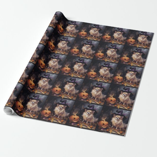 Papel De Presente Abóboras de Halloween Assustadoras de Pomerânia  (Desenrolado)
