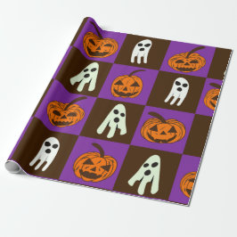 Papel De Presente Abóboras de Halloween Assustadoras Xadrez e Fantas