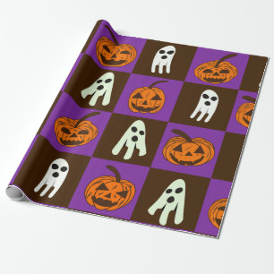 Papel De Presente Abóboras de Halloween Assustadoras Xadrez e Fantas
