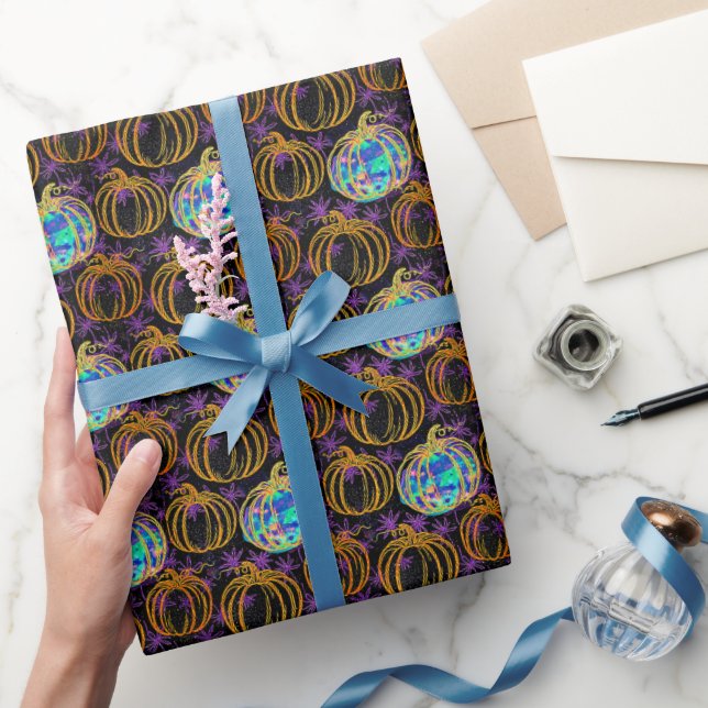 Papel De Presente Abóboras de Halloween com brilho de Faux (Presentear)