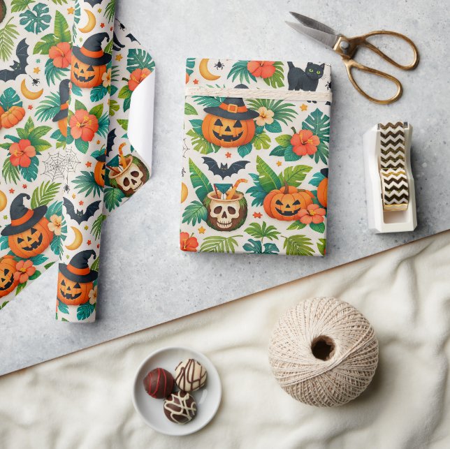 Papel De Presente Abóboras de Halloween Tropicais (Artesanato)