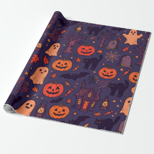 Papel De Presente Abóboras de Halloween Vintage Fantasmas & Gatos Pr