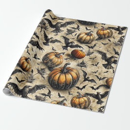 Papel De Presente Abóboras de Halloween Vintage Morcegos Corvos Outo