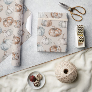Papel De Presente Abóboras de Outono Creme Laranja Azul