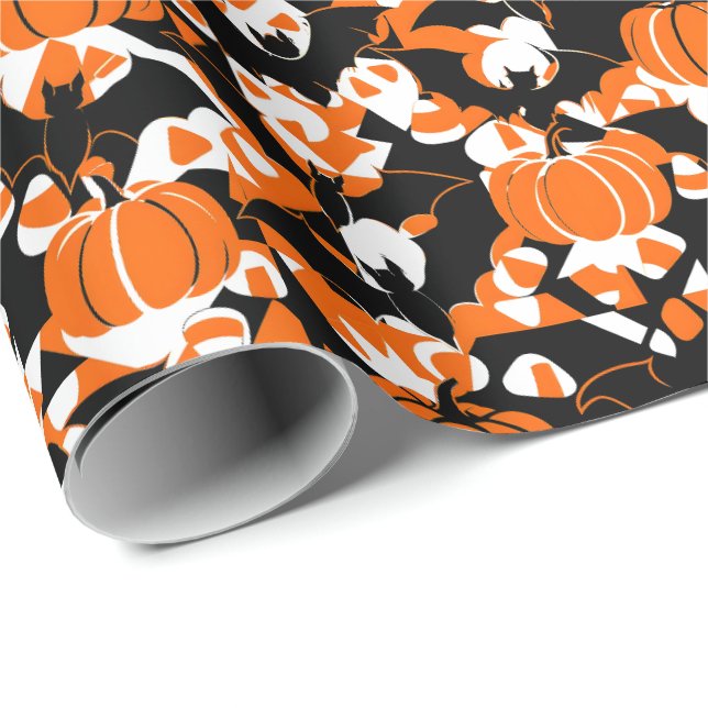 Papel De Presente Abóboras e Morcegos Abstratos de Halloween (Ponta do rolo)
