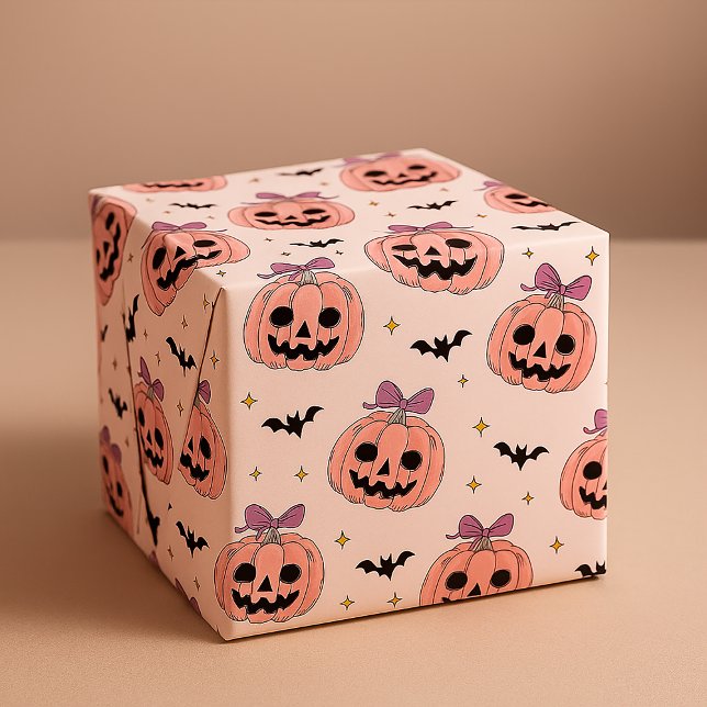 Papel De Presente Abóboras e Morcegos Rosa de Halloween Fofos (Criador carregado)