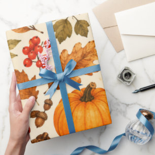 Papel De Presente Abóboras em Aquarela de Outono, Folhas de Outono e