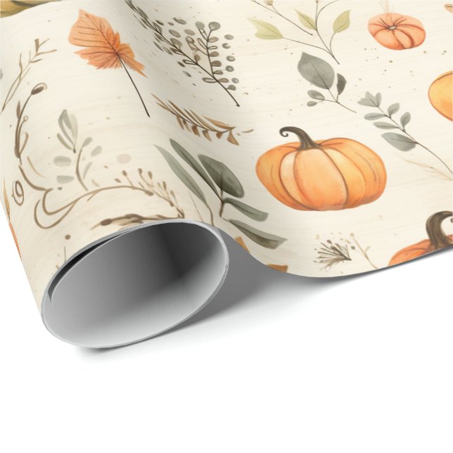 Papel De Presente Abóboras em Aquarela Neutra e Raminhos de Folhas d (Ponta do rolo)