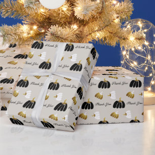 Papel De Presente Abóboras Estilizadas em Preto Branco e Dourado