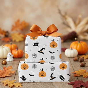 Papel De Presente Abóboras Fofas, Aranhas e Morcegos Halloween