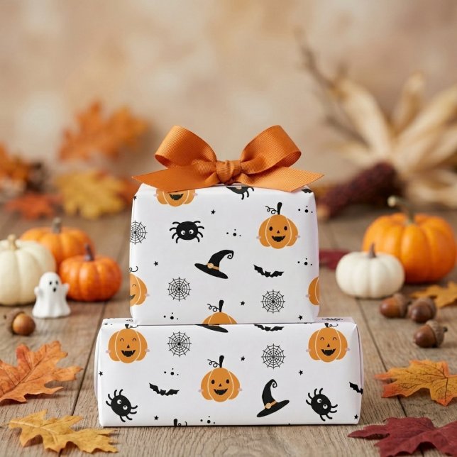 Papel De Presente Abóboras Fofas, Aranhas e Morcegos Halloween (Cute Pumpkins, Spiders And Bats Halloween Wrapping Paper)