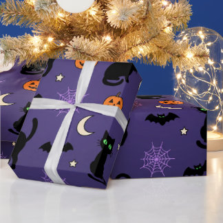 Papel De Presente Abóboras Gatos Pretos Morcegos Halloween Roxo Embr